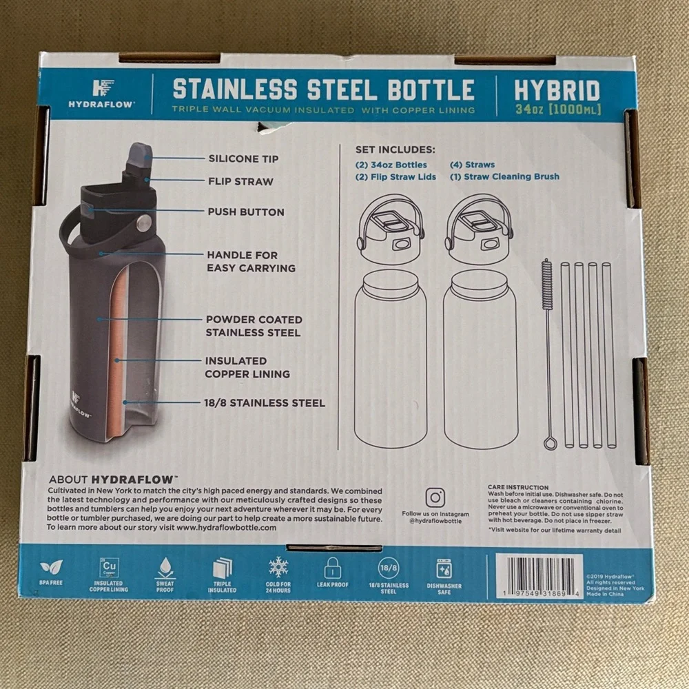 Hydraflow Insulated 34 oz Stainless Steel Wall Bottles with Straw Cleaning Brush - Picture 3 of 5